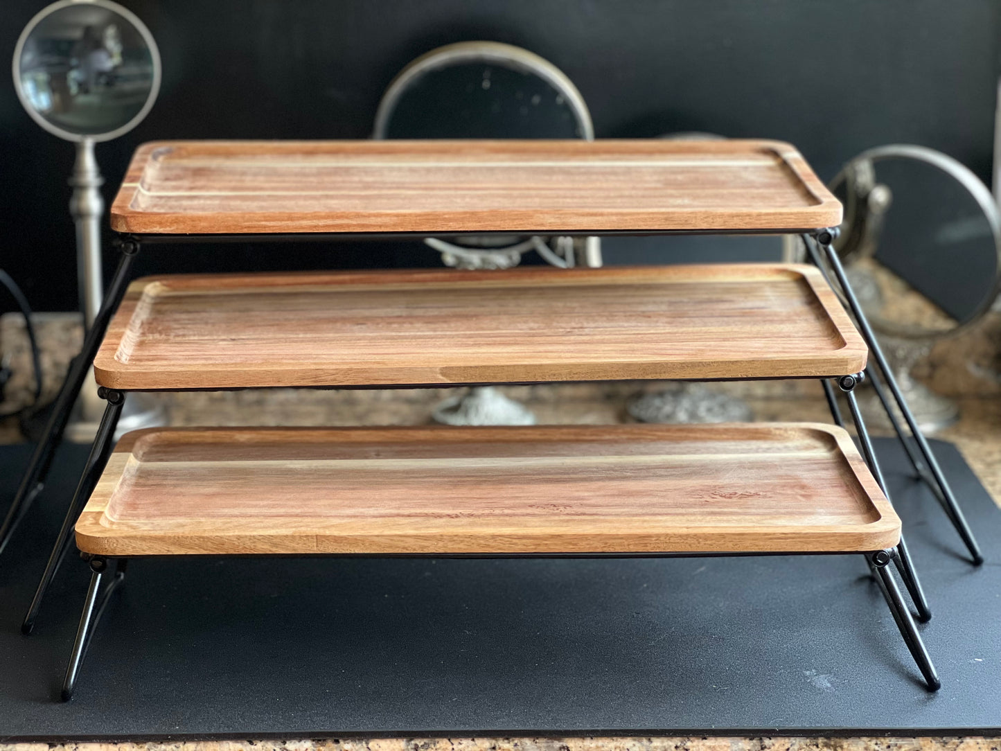 3 Tier Wood Trays with Folding Metal Stands, Set of 3 (NEW)