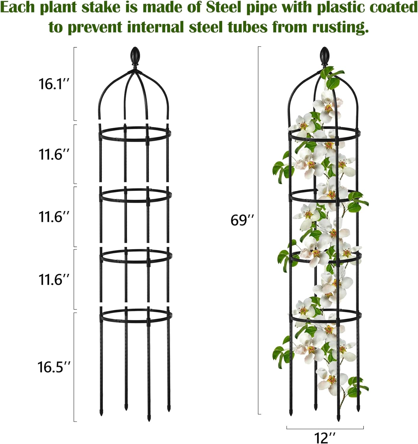 Black Garden Obelisk Trellis for Climbing Plants, 6-foot Coated Metal (NEW)