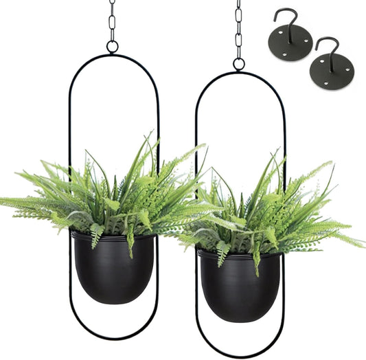 Bullet Shaped Hanging Planters, Black Plastic and Metal, Set of 2 (NEW)