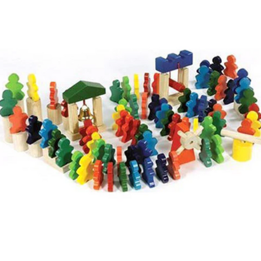 People Domino Rally with Cloth Storage Bag, 94 Piece Wood Domino Set