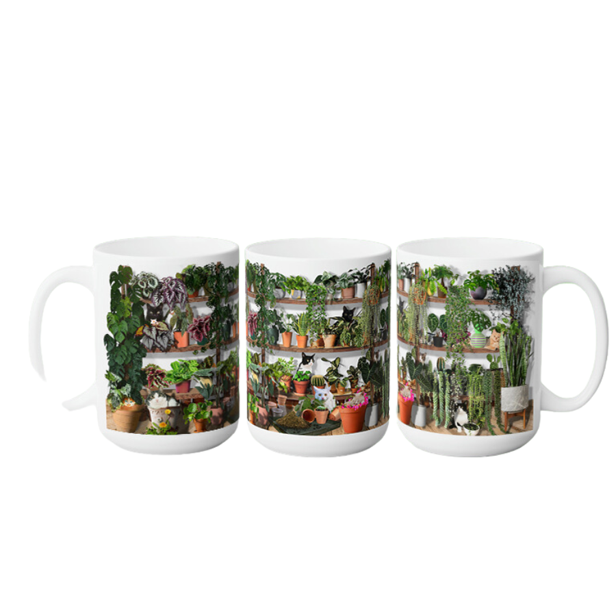 Houseplant Lover Coffee Mug with Cats, 15 oz. (NEW)