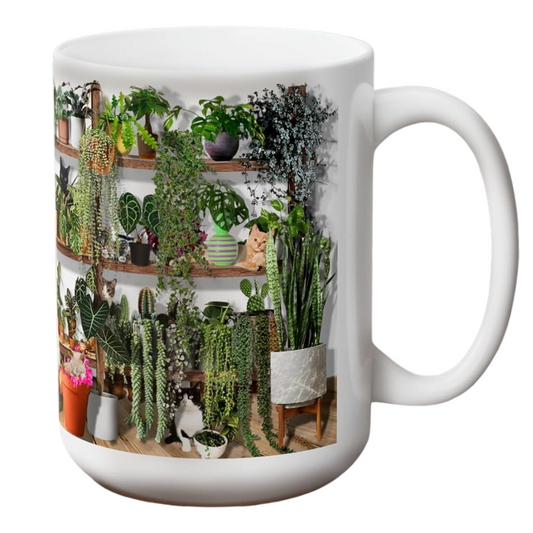 Houseplant Lover Coffee Mug with Cats, 15 oz. (NEW)