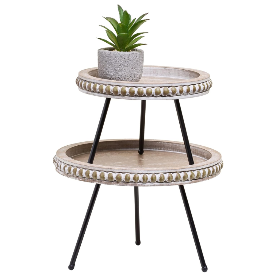 Round Wood Plant Stands with Black Metal Legs, Set of 2 (NEW)