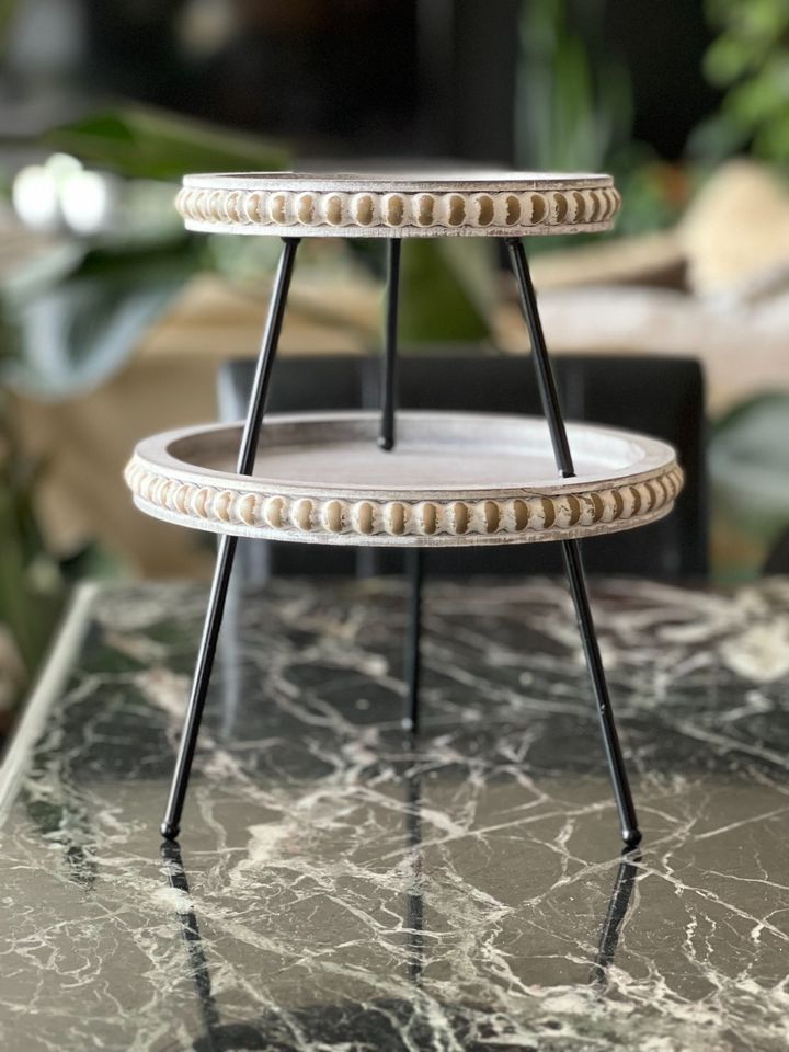 Round Wood Plant Stands with Black Metal Legs, Set of 2 (NEW)