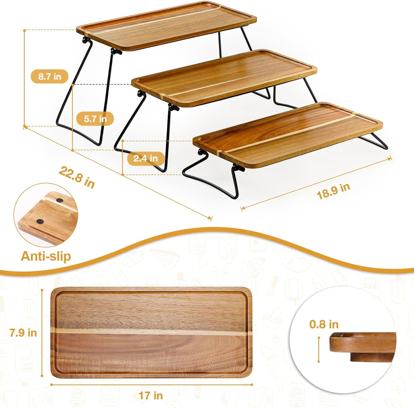 3 Tier Wood Trays with Folding Metal Stands, Set of 3 (NEW)