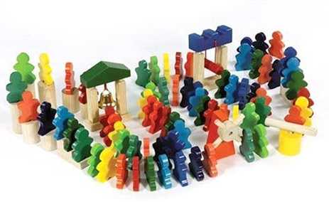 People Domino Rally with Cloth Storage Bag, 94 Piece Wood Domino Set